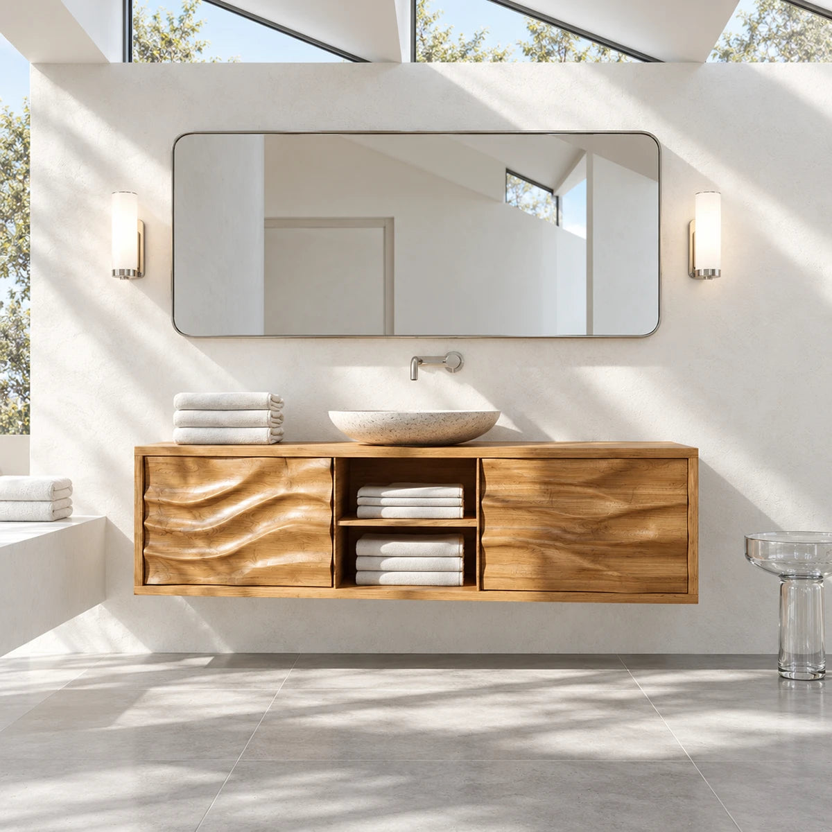 Refined sink cabinet in natural solid wood with floating design and concealed storage