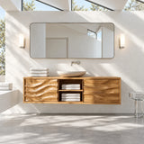 Refined sink cabinet in natural solid wood with floating design and concealed storage