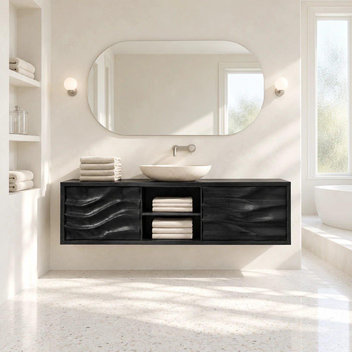Open shelf bathroom vanity in natural solid wood with vessel sink and two cabinet doors