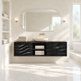 Open shelf bathroom vanity in natural solid wood with vessel sink and two cabinet doors