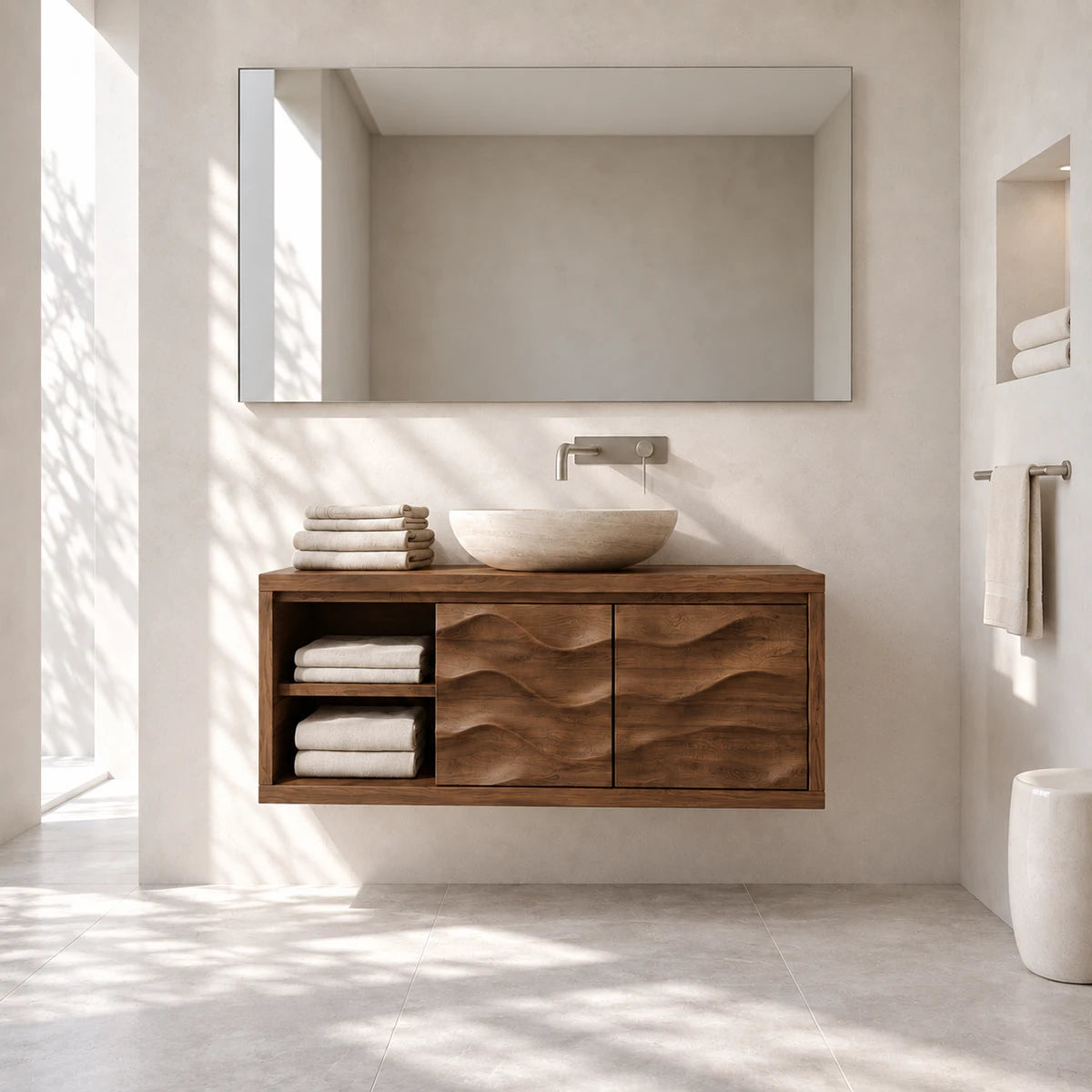 Space saving vanity unit in natural solid wood with two doors and side shelf storage