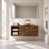 Clean lined bathroom vanity in natural solid wood with vessel basin and open cubbies