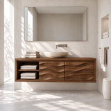 Sleek bathroom vanity in natural solid wood with two doors and floating storage design