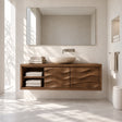 Floating bathroom vanity in natural solid wood with two doors and open side shelving