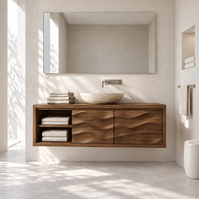 Floating bathroom vanity in natural solid wood with two doors and open side shelving