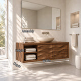 Designer bathroom vanity in natural solid wood with sculpted doors and open storage