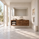 Modern wall mounted vanity in natural solid wood with vessel sink and open storage