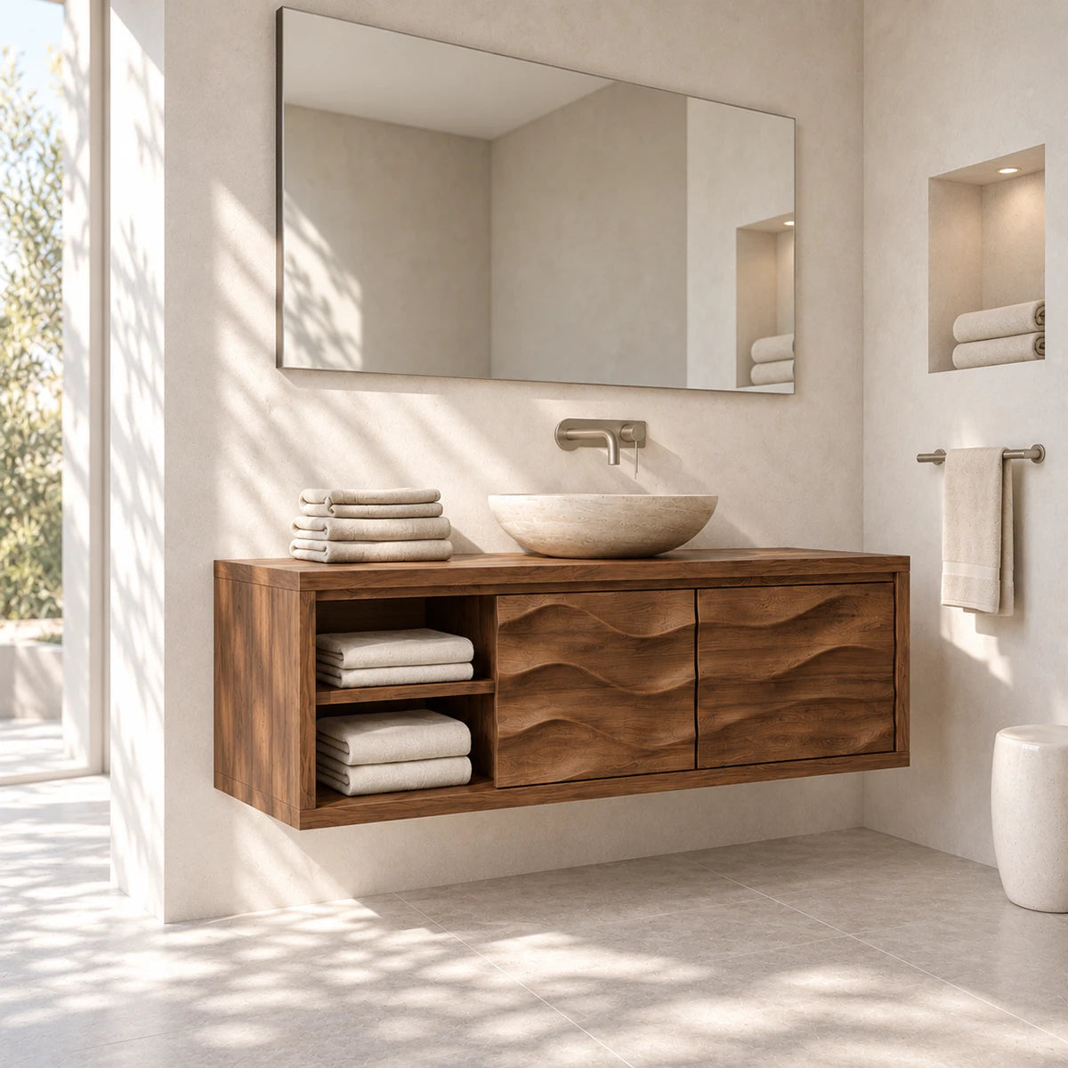 Single sink bathroom vanity in natural solid wood with two doors and side towel shelves