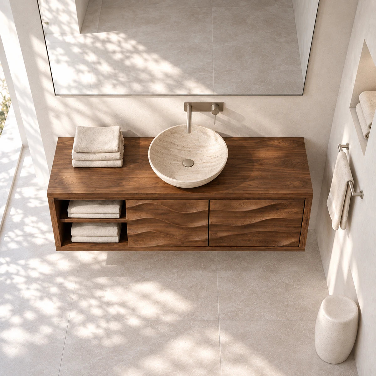 Contemporary bathroom vanity in natural solid wood with vessel basin and two doors