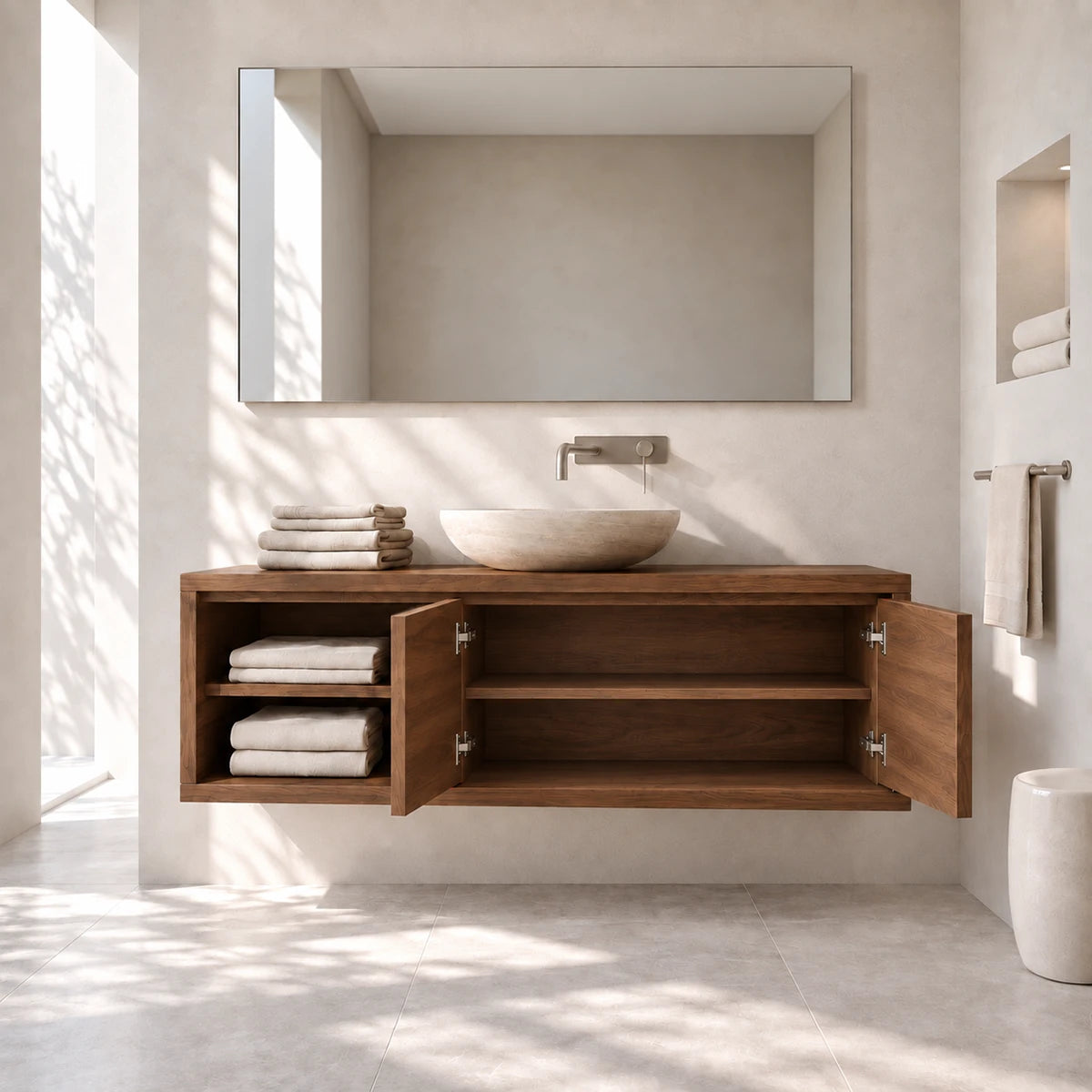 Elegant floating vanity in natural solid wood with open cubbies and concealed storage