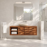 Wall hung bathroom vanity in natural solid wood with two doors and towel shelving