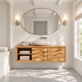 Refined sink cabinet in natural solid wood with floating design and side open shelves
