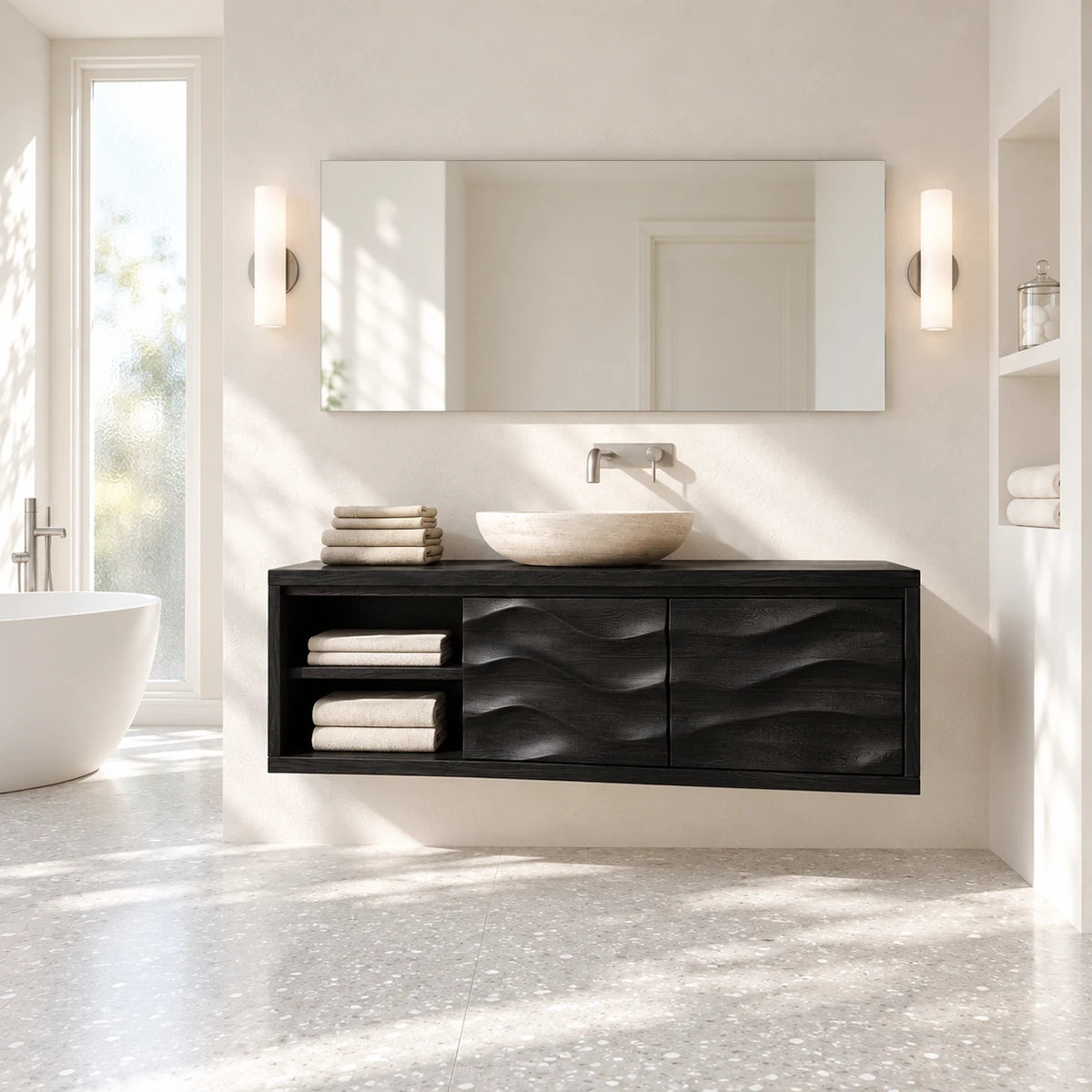 Open shelf bathroom vanity in natural solid wood with vessel sink and two cabinet doors