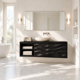Open shelf bathroom vanity in natural solid wood with vessel sink and two cabinet doors