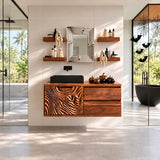Clean lined vanity unit in natural solid wood with black vessel sink and drawers