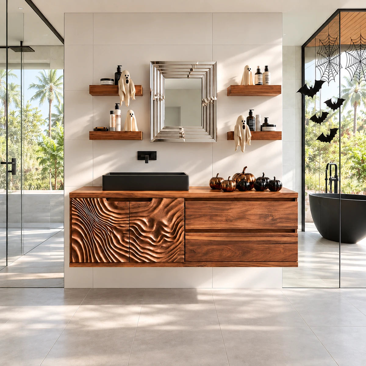 Modern sink cabinet in natural solid wood with wave carved doors and drawer storage