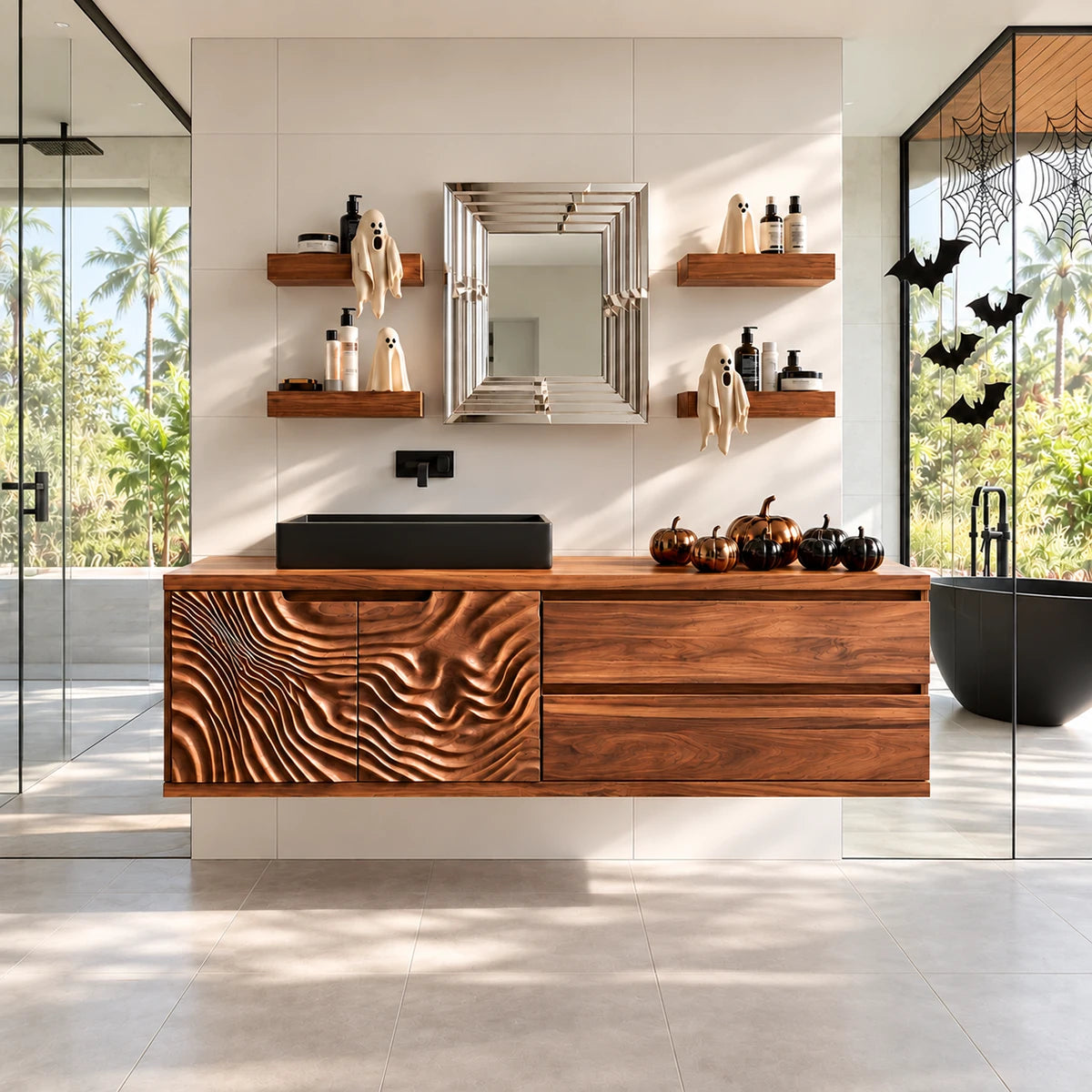 Natural solid wood bathroom vanity with two sculpted doors and practical drawer space
