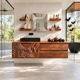 Natural solid wood bathroom vanity with two sculpted doors and practical drawer space