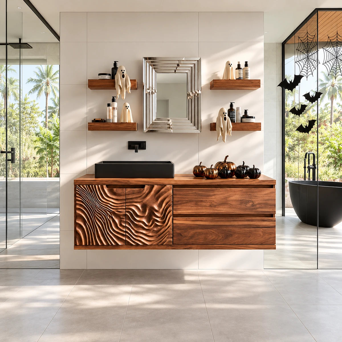 Floating bathroom vanity in natural solid wood with wave doors and two wide drawers