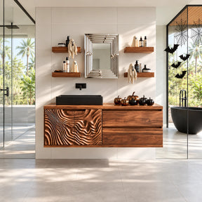 Floating bathroom vanity in natural solid wood with wave doors and two wide drawers