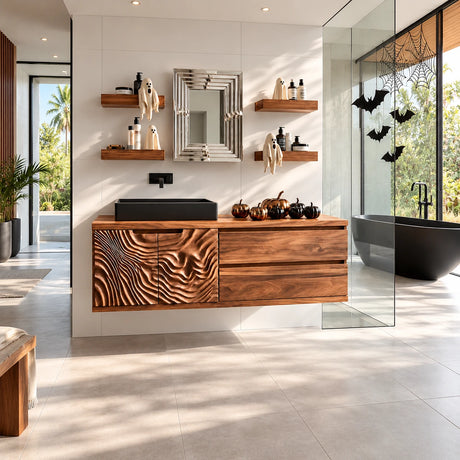 Modern wall mounted vanity in natural solid wood with black vessel sink and drawers