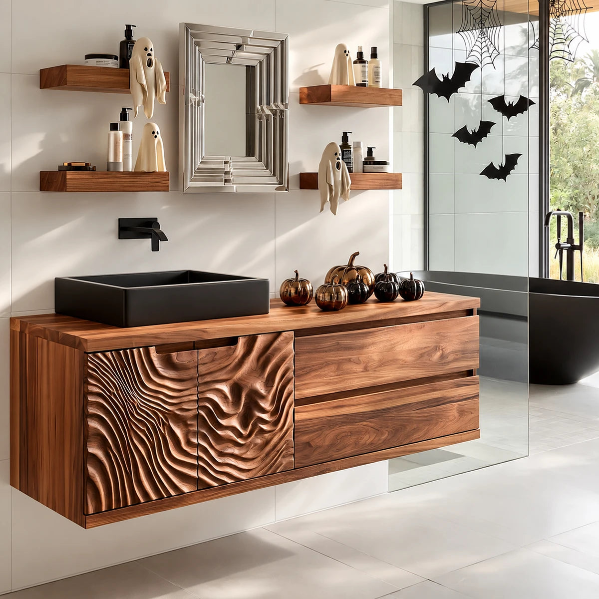 Single sink bathroom vanity in natural solid wood with sculpted doors and storage