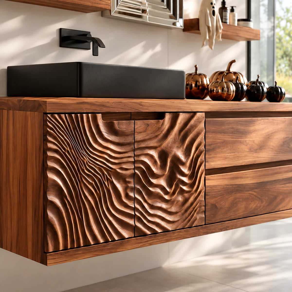 Contemporary bath vanity in natural solid wood with textured doors and drawer space