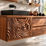 Contemporary bath vanity in natural solid wood with textured doors and drawer space