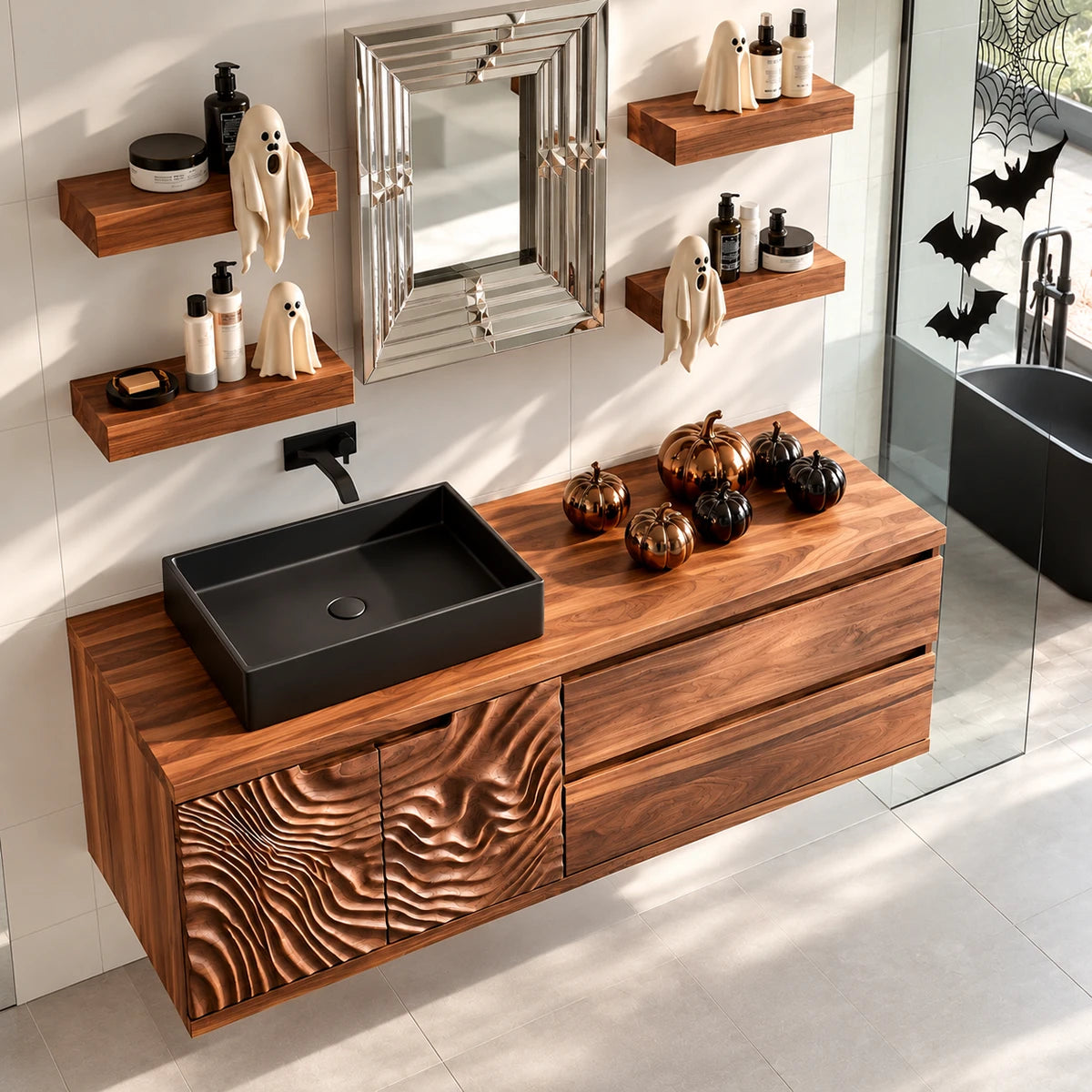 Designer vanity cabinet in natural solid wood with black basin and mixed storage