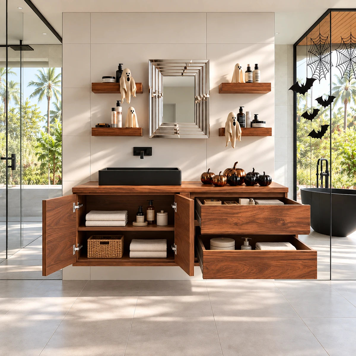 Minimalist bathroom vanity in natural solid wood with carved fronts and two drawers