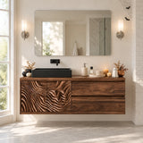 Wave front bath vanity in natural solid wood with vessel sink and side drawer storage