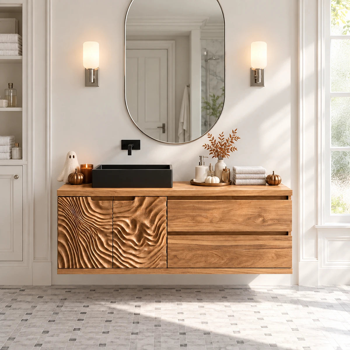 Storage focused vanity in natural solid wood with cabinet doors and two wide drawers