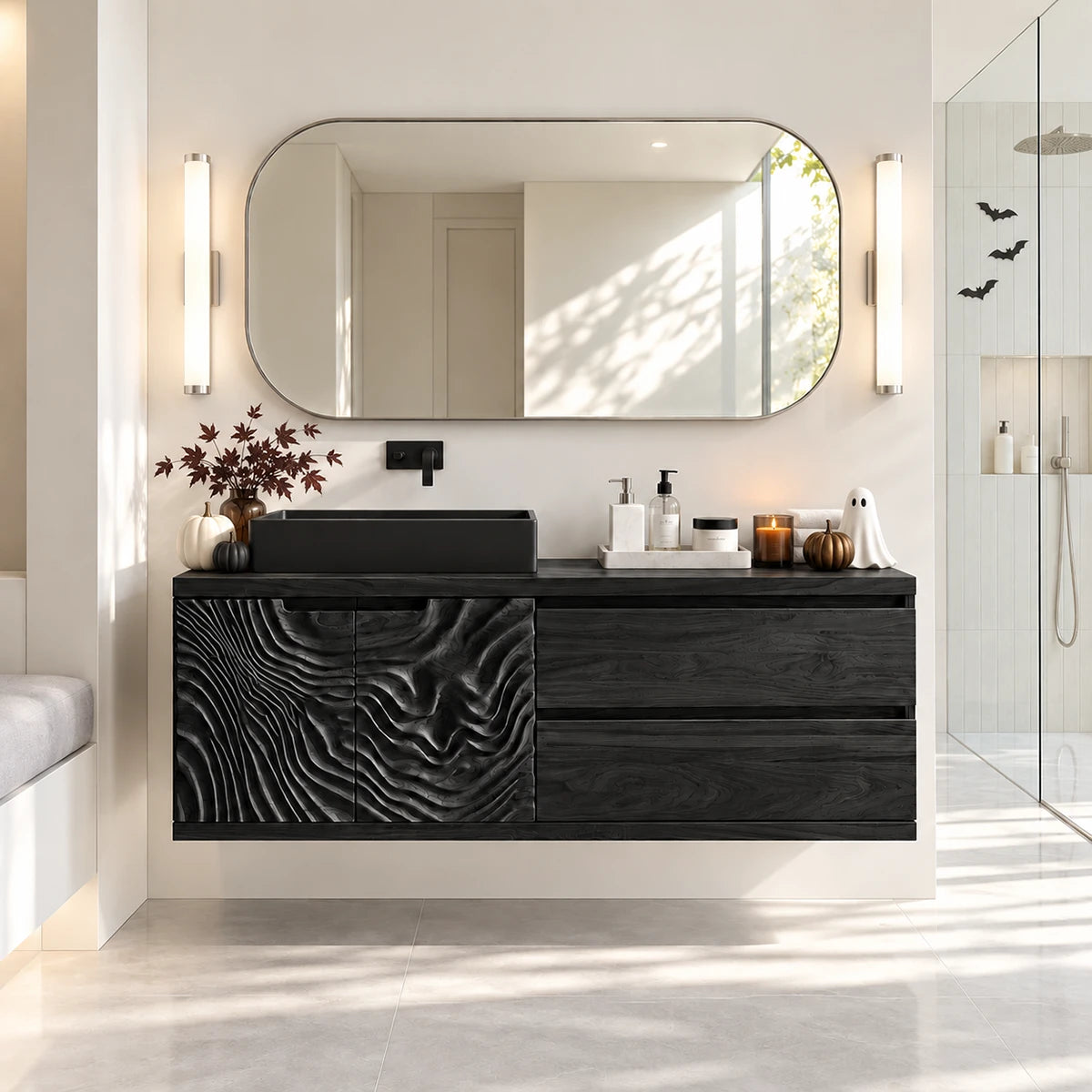Refined bathroom vanity in natural solid wood with sculpted panels and black basin