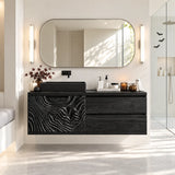 Refined bathroom vanity in natural solid wood with sculpted panels and black basin
