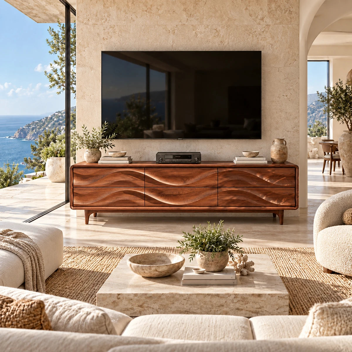Modern entertainment cabinet with sculpted fronts creates a polished setup for home media