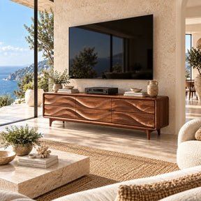 Natural solid wood TV stand with carved wave drawers suits a refined modern living room