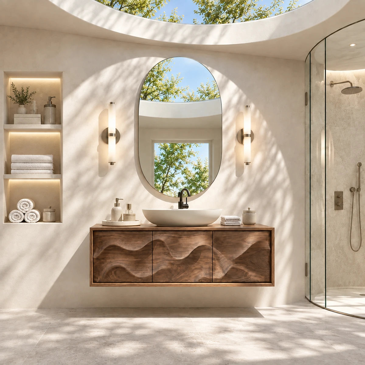 Crafted bath storage cabinet in natural solid wood with an artful wave motif styling