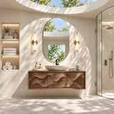 Crafted bath storage cabinet in natural solid wood with an artful wave motif styling