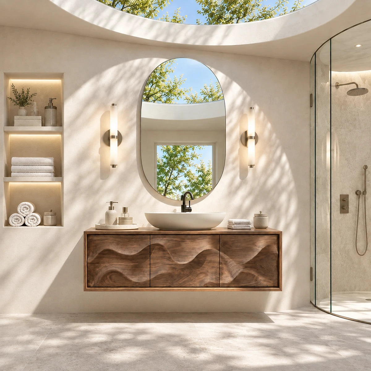 Wide floating bathroom cabinet in natural solid wood with integrated hidden storage