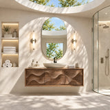 Wide floating bathroom cabinet in natural solid wood with integrated hidden storage