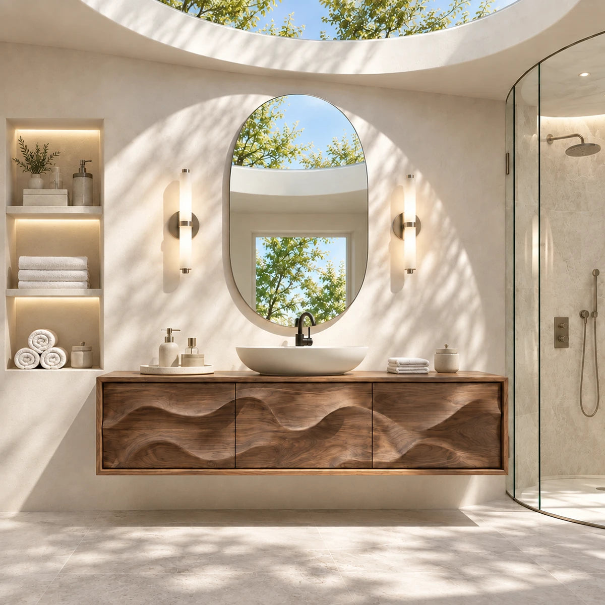 1. Organic modern vanity in natural solid wood with abstract wave panel geometry design