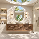 1. Organic modern vanity in natural solid wood with abstract wave panel geometry design