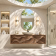 Floating bathroom vanity in natural solid wood with sculpted wave front detailing