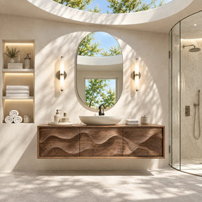 Floating bathroom vanity in natural solid wood with sculpted wave front detailing