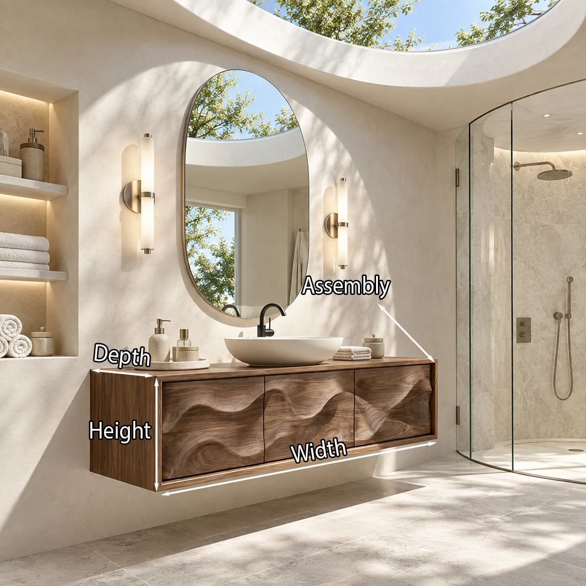 Curved line bathroom vanity in natural solid wood with clean wall mounted form profile