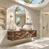 Curved line bathroom vanity in natural solid wood with clean wall mounted form profile
