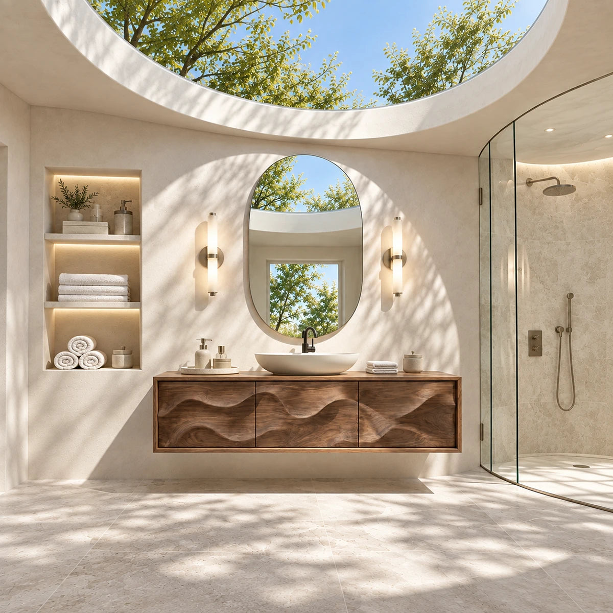 Modern wall mounted vanity cabinet in natural solid wood with flowing carved fronts