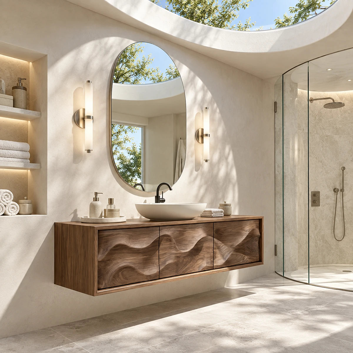 Streamlined bath storage vanity in natural solid wood with seamless wave panels design