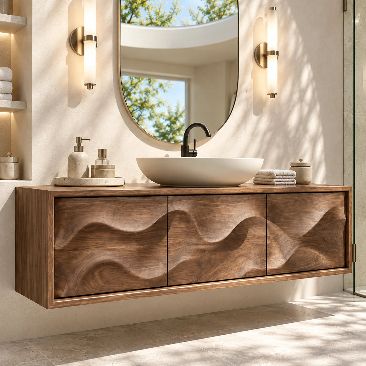 Contemporary floating bath cabinet in natural solid wood with four front sections