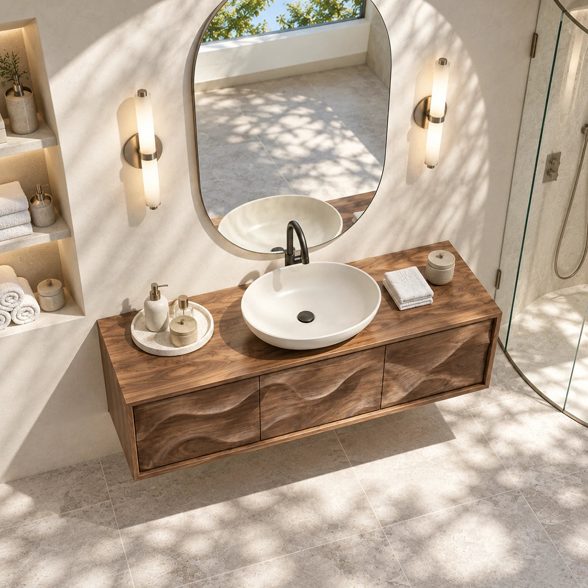 Architectural bathroom vanity in natural solid wood with fluid carved door styling
